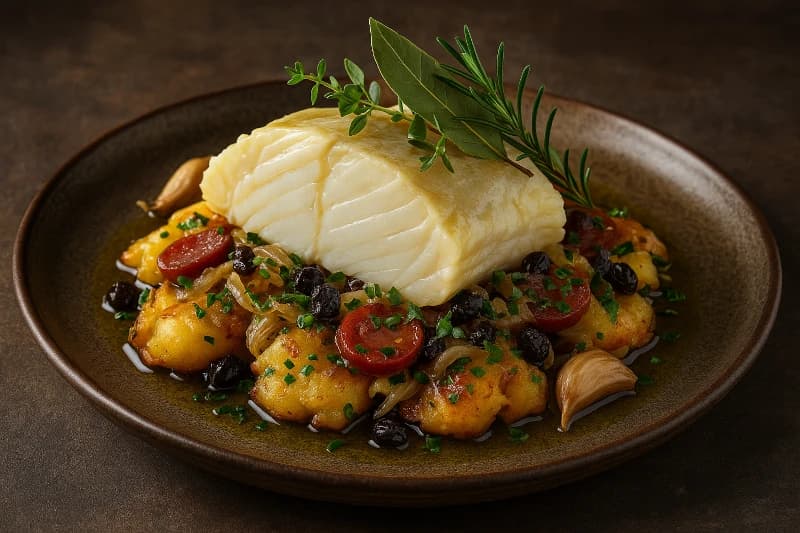 Bacalhau Confitado com Batatas ao Murro e Chorizo Crocante