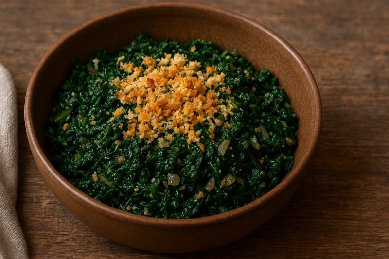 Guisado de Espinafre com Cebola e Pão Ralado