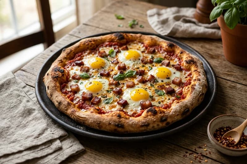 Pizza Caseira com Ovos de Codorna e Bacon