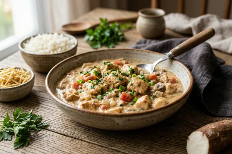 Estrogonofe de Frango com Mandioca Cremosa