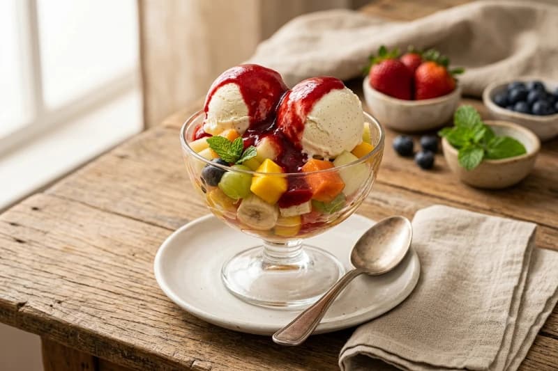 Taça de Salada de Frutas com Sorvete e Calda