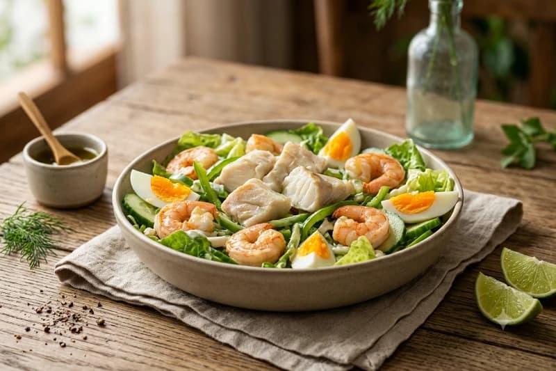 Salada do Mar com Camarões e Ovos Cozidos
