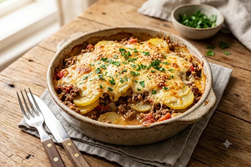 Refogado Cremoso de Carne Moída com Batatas ao Forno