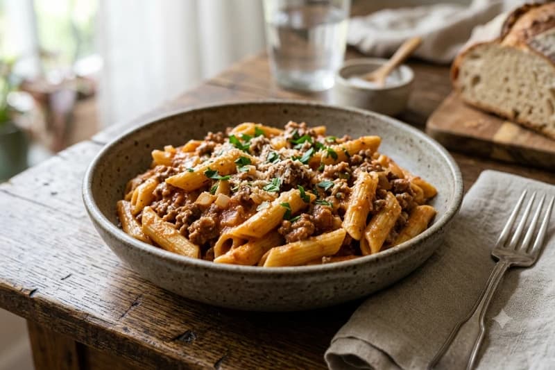 Macarrão de Panela de Pressão com Carne Moída