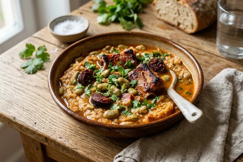 Açorda de Favas com Entrecosto e Chouriço